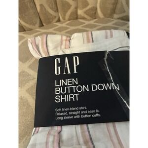 GAP Linen Button Down Shirt Pink Cream Gray Striped Relaxed Fit L NEW